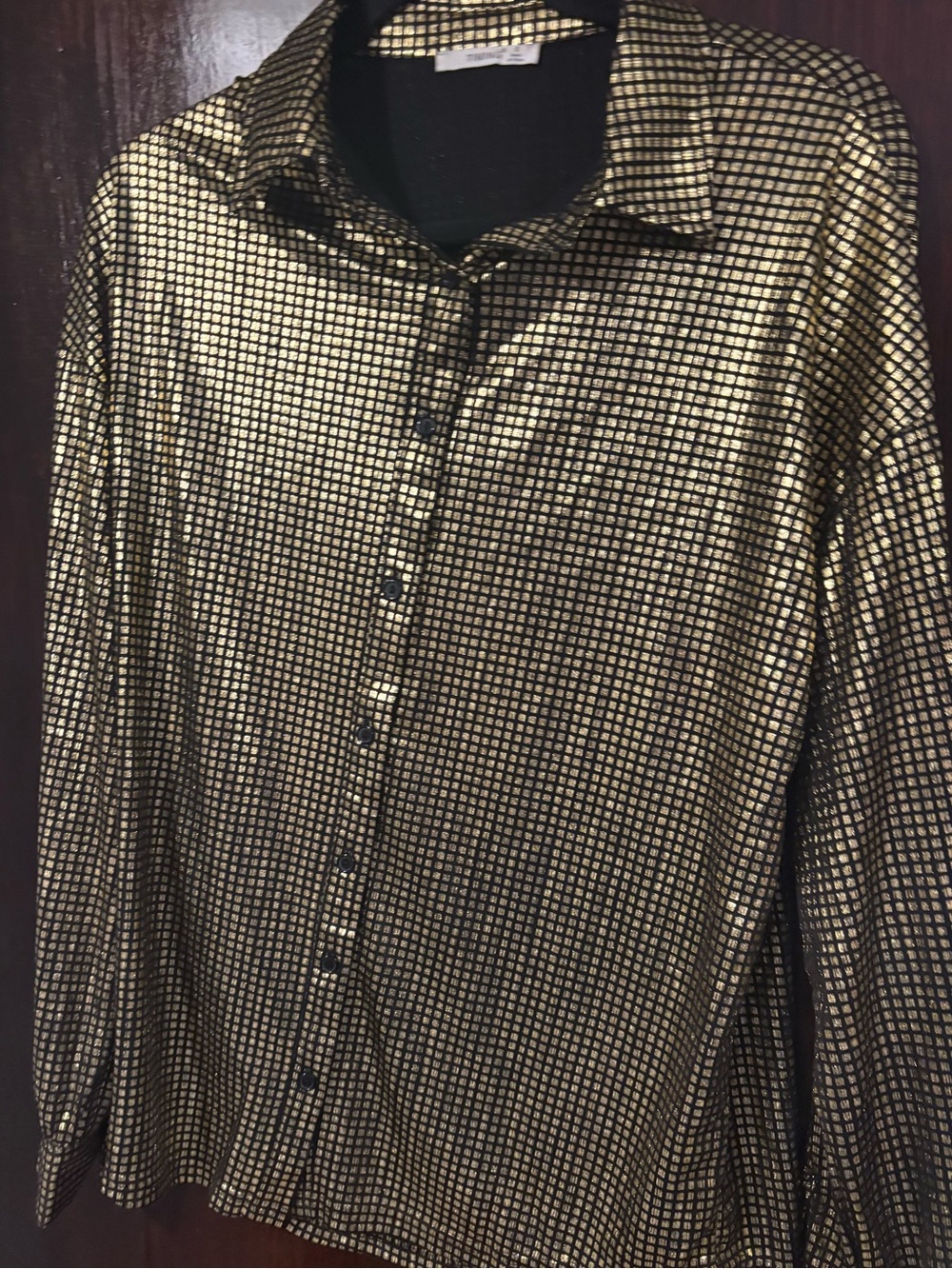 Bundle 3 for $15. Timing Metallic Gold Grid Dress Shirt on Black Base. Size S.